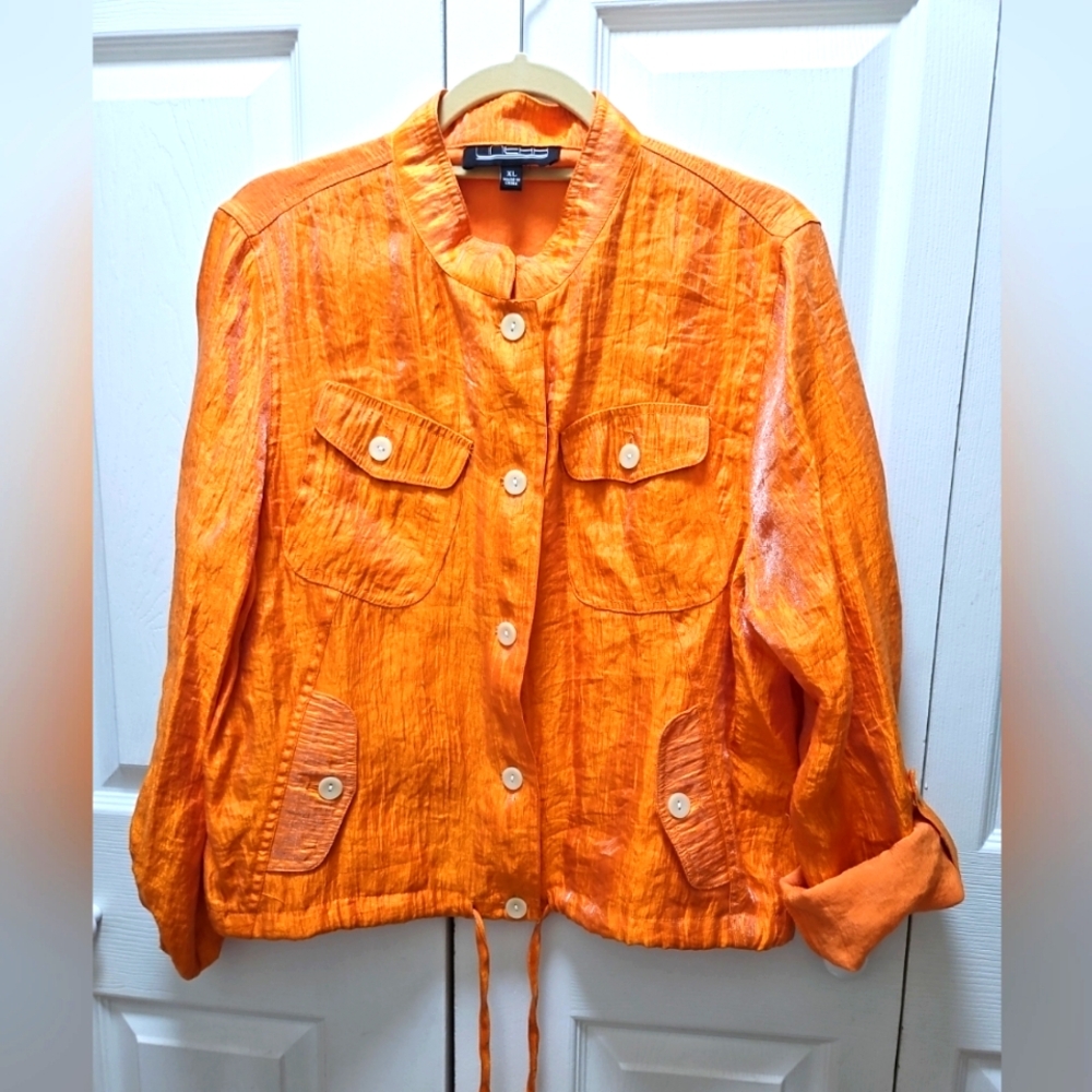 Linear Women's Size XL Shiny Metallic  Orange Convertible Sleeve Jacket Top.
